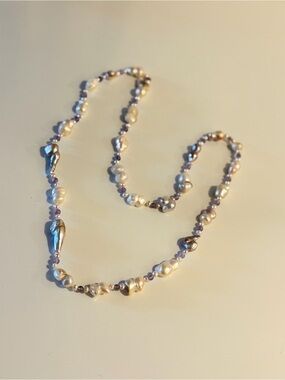 Baroque Pearl and Lavender Bead Strand Necklace - Elegant Pearl Necklace large